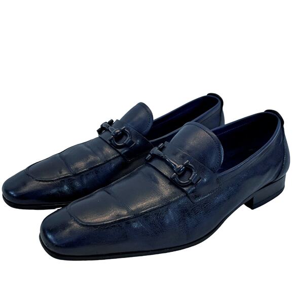 Salvatore Ferragamo Italy Navy Blue Bit Men's Leather Loafers 8 D w/Dust Bags - Picture 1 of 9